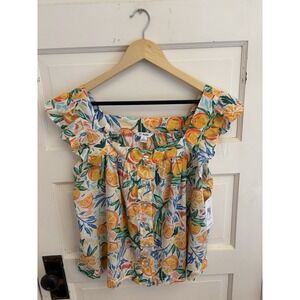 77 Park Women's Citrus Print Button Front Top Ruffle‎ Sleeves Size Large New $48